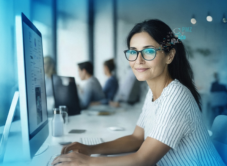 Femme portant des verres de lunettes Rodenstock assis à un bureau devant un ordinateur